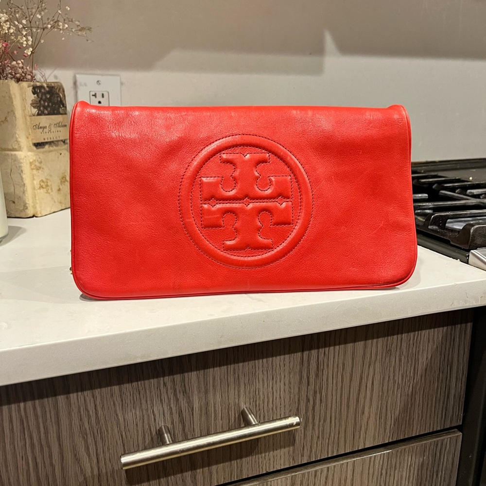 Tory Burch Coral-Red Embossed Logo Leather Clutch